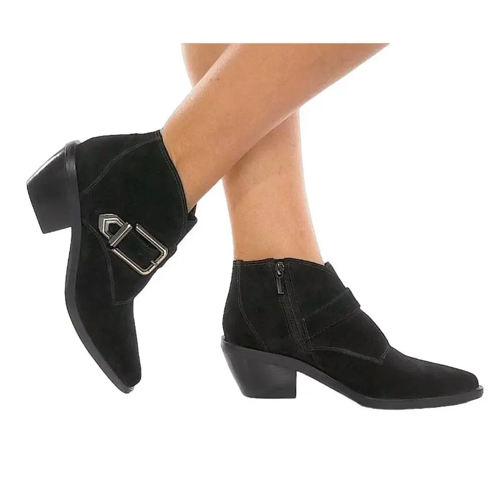 NEW Vince Camuto Ashena Black Suede Leather Buckle Zip Up Bootie Ankle Boots